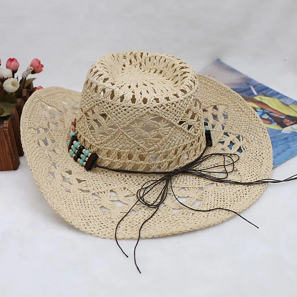 Hot Sale ！Unisex Straw Cowboy Hat with Decorative Bands Hollow Breathable Design Ultralight Cowgirl Woven Sun Hat