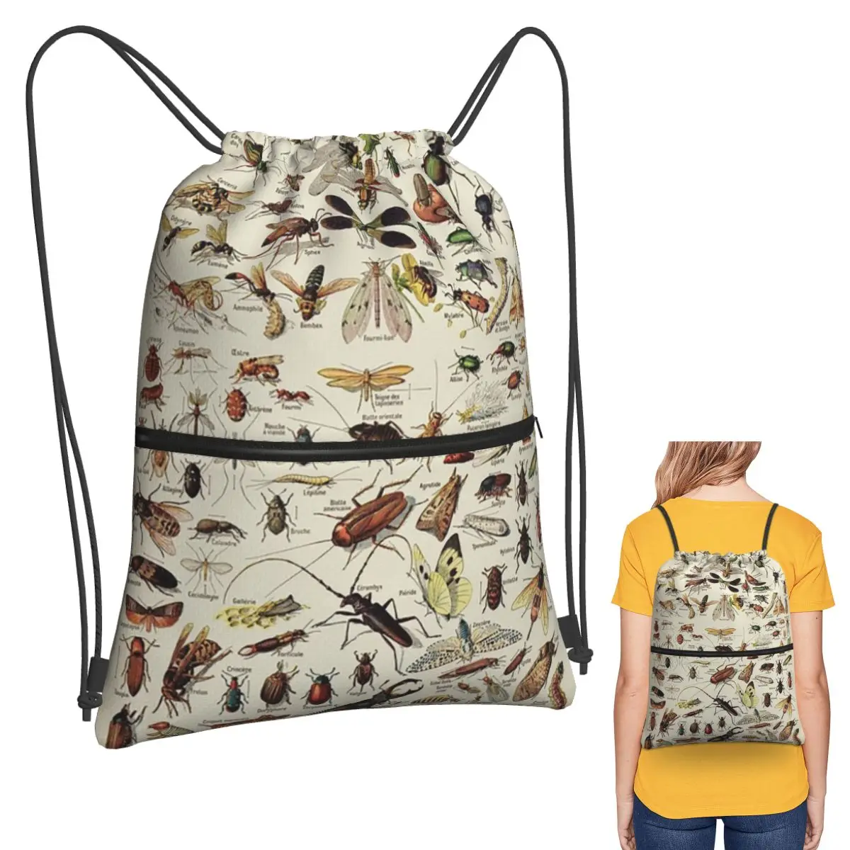 

Таблица насекомых. Научная иллюстрация, текст во французском стиле Рюкзаки Сумки на шнурке Спортивная сумка Сумки для книг для мужчин и женщин Школа