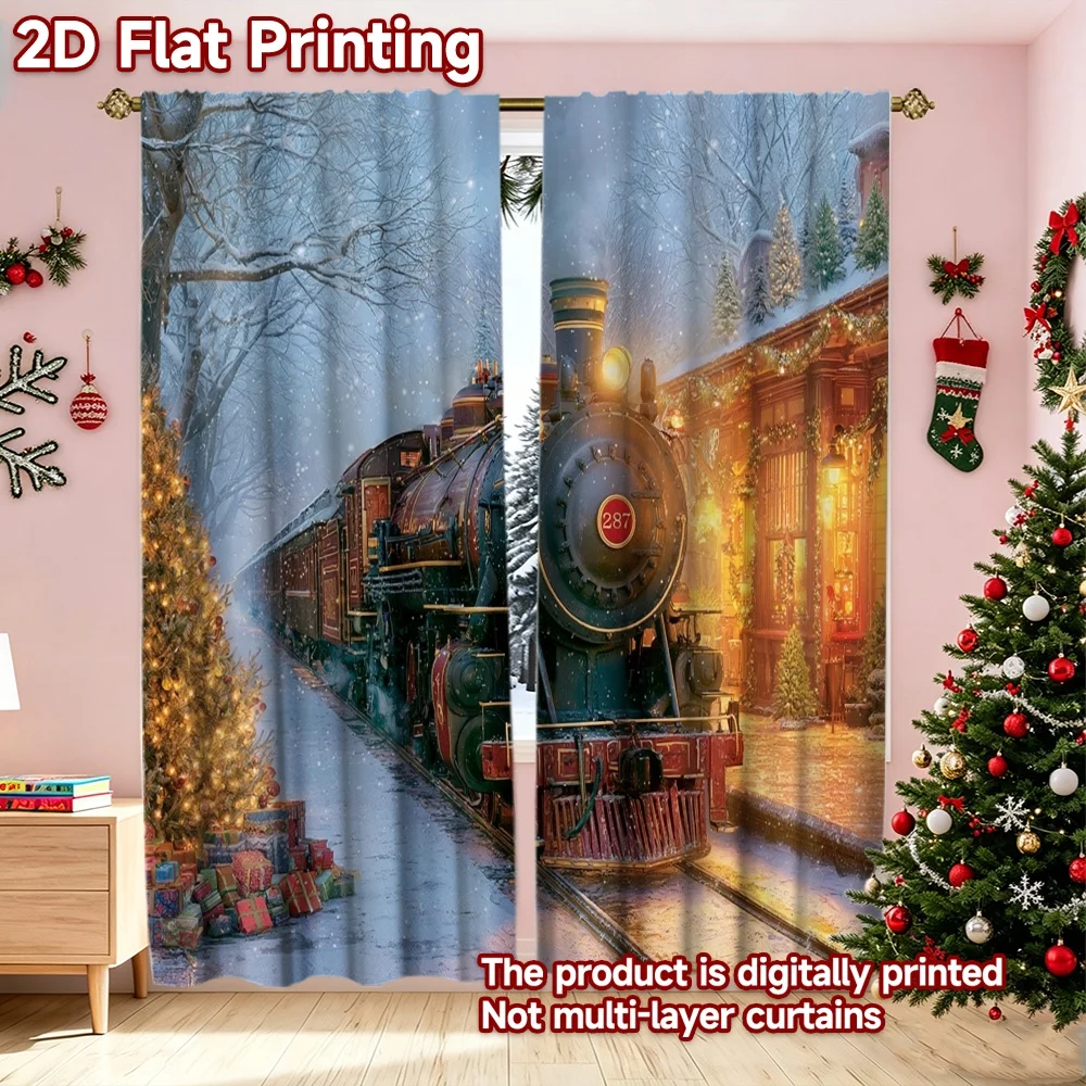 2D flat printing 2pcs Trend Christmas Curtains Christmas Train Station Scene Durable polyester fiber Family Party Decoration for