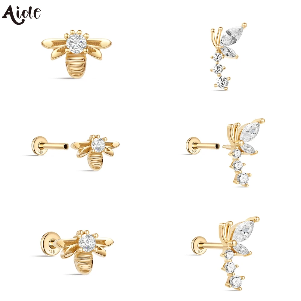 Aide Women Stud Earring 14k Solid Gold Bees Heart Star Puncture Earrings Simple Jewel Minimal Christmas Birthday Gift Pendientes