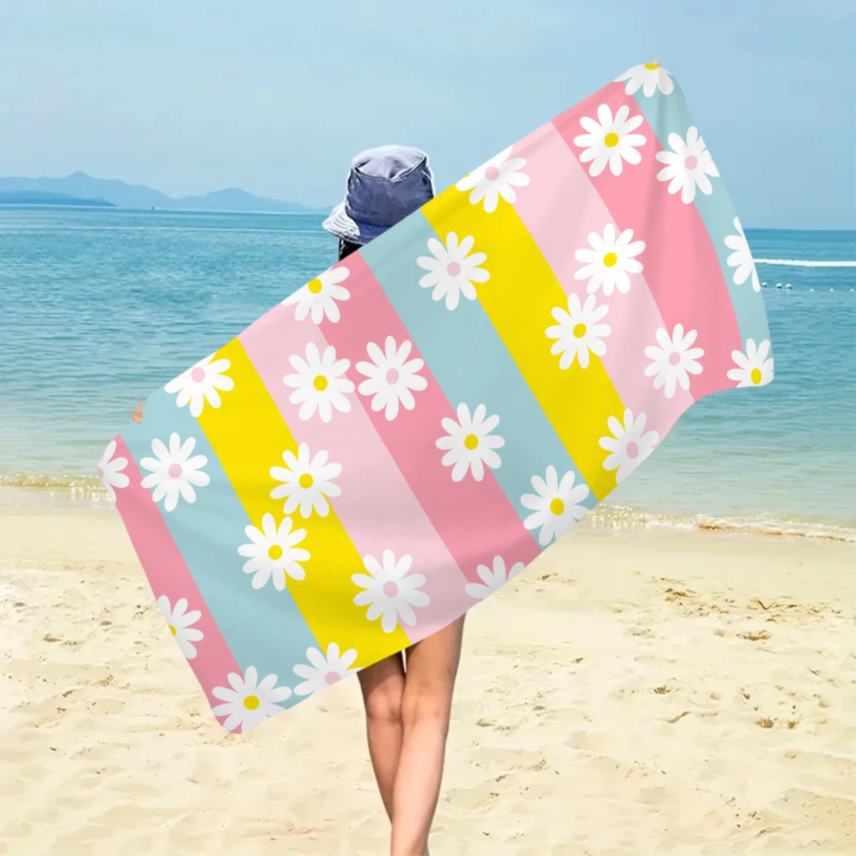 1 szt. Duży ręcznik plażowy w stylu bohemy, ręcznik kąpielowy w paski z nadrukiem kwiatów i serca, do pływania na świeżym powietrzu, na wakacje, na kemping, ręcznik plażowy