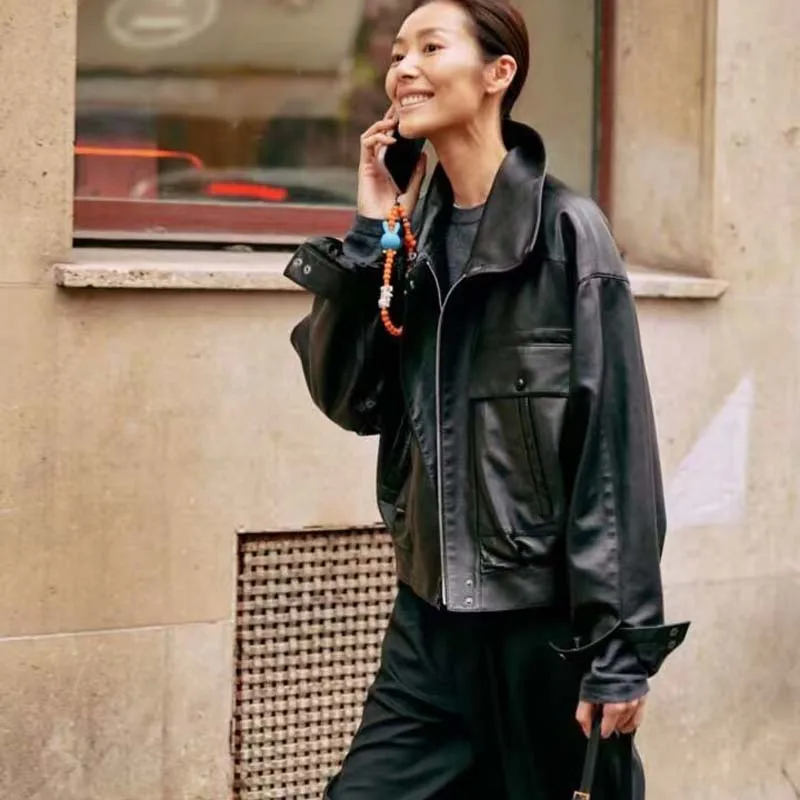 Manteau en peau de mouton véritable pour femmes, mode printemps, col rabattu court, vêtements de printemps de haute qualité