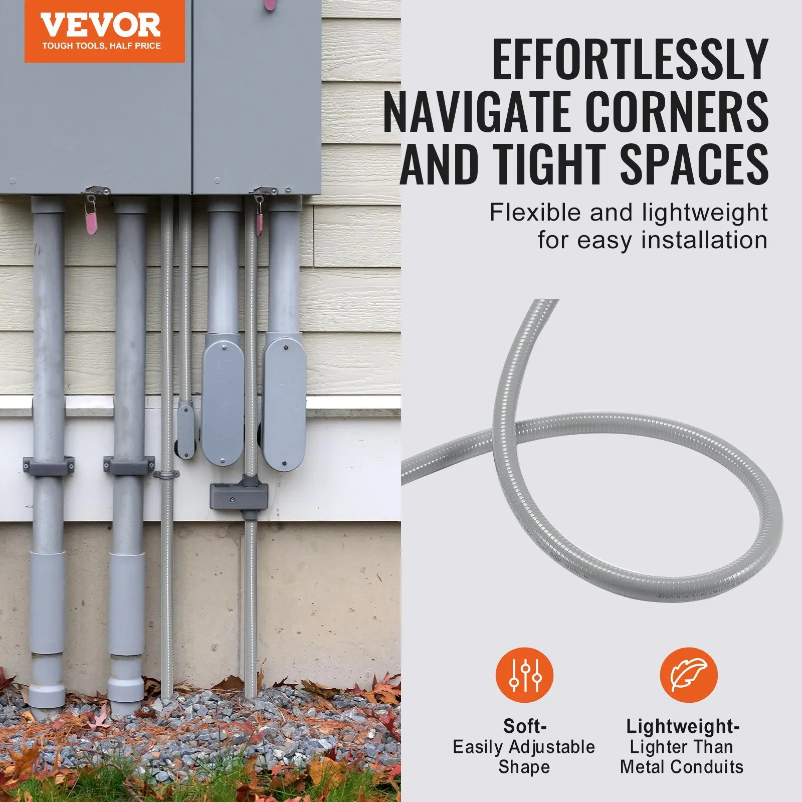 VEVOR 1-Inch Flexible Electrical Conduit, 100 ft, PVC Liquid-Tight Conduit Non-Metallic with 5 Straight and 5 90-Degree Conduit