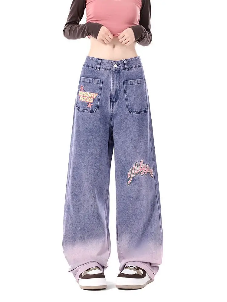 High-Waisted Gradient Purple Embroidered Denim Wide-Leg Pants For Women, Beautiful Loose Korean Style Retro Niche Casual Pants