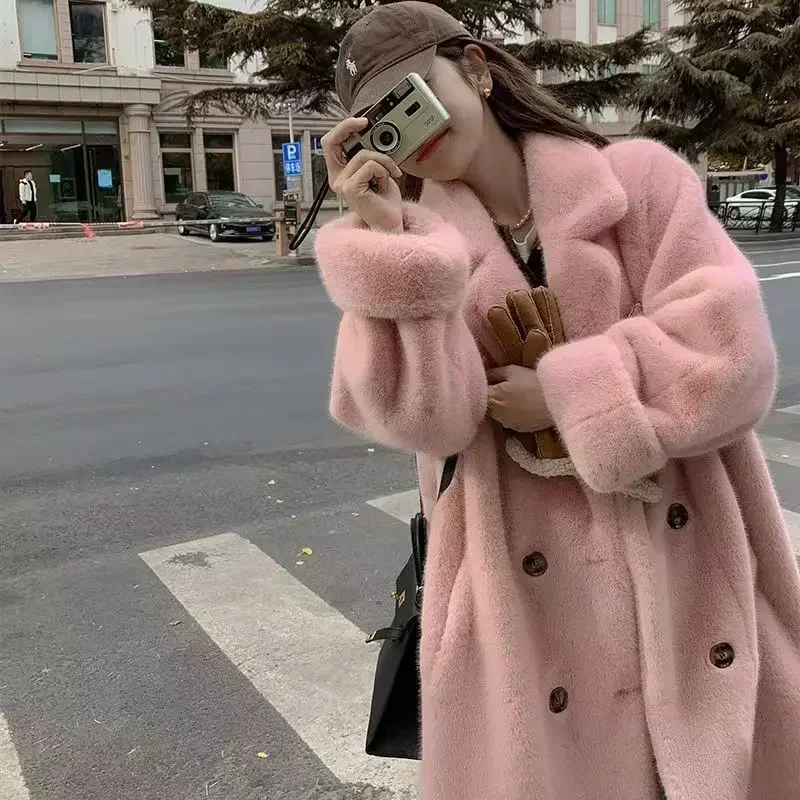 Nagodo Faux Rabbit Fur Coat Winter Women Thick Warm Fur Lined Coat Brown Jacket Long Loose Lapel OverCoat  Female Plush Coats