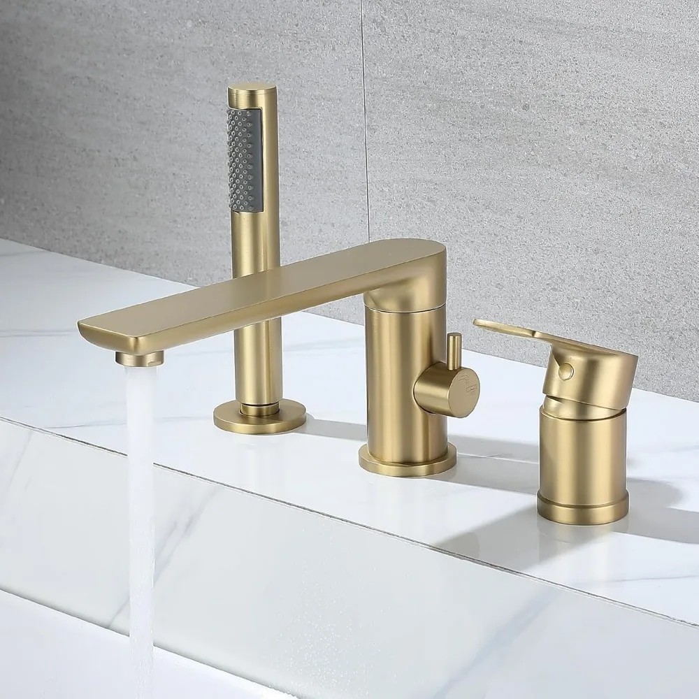 

Gold Deck-Mounted Bathtub Faucet with Hand Shower and Sprayer, 3-Hole Tub Filler Set