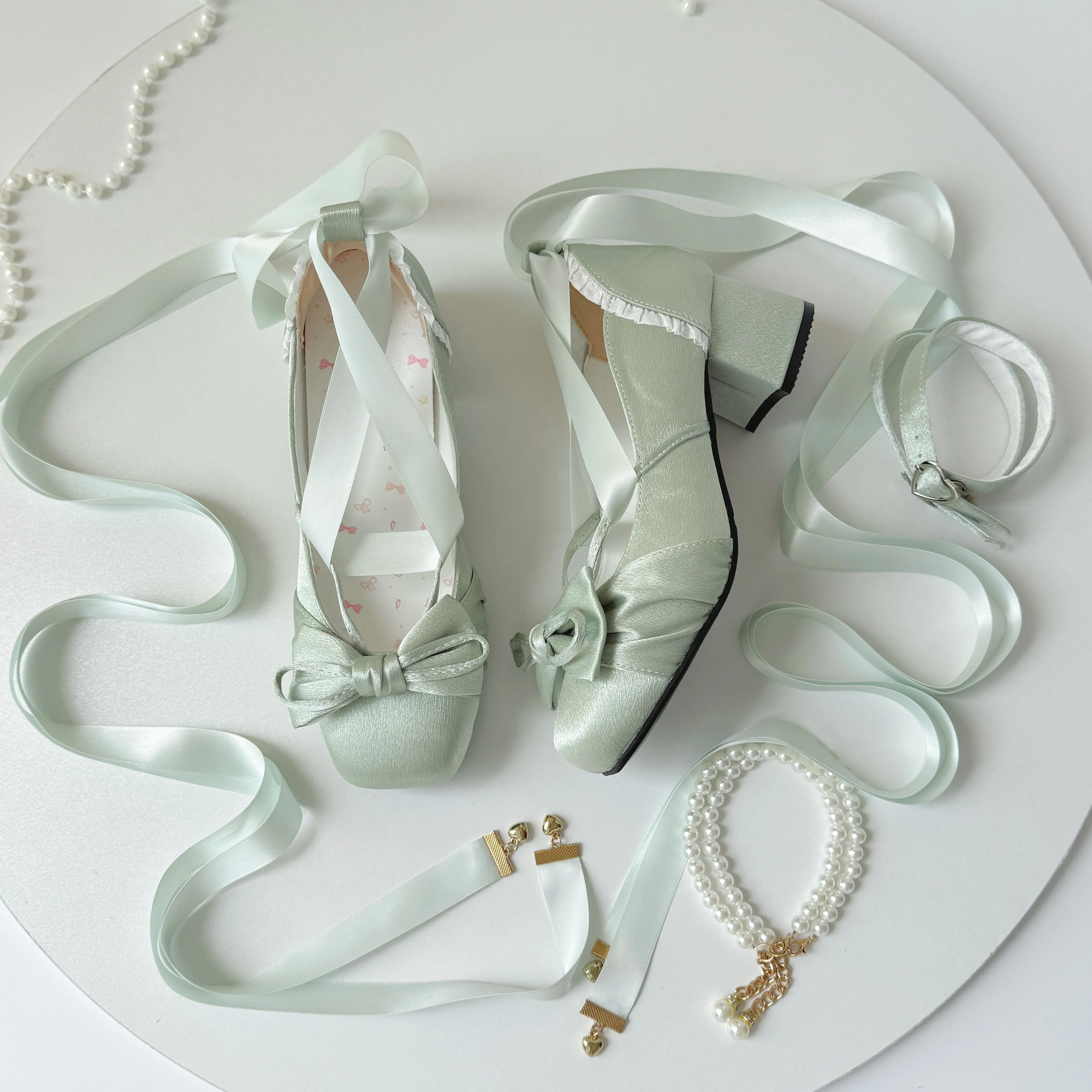 Original Lolita Green Lo Shoes Ballet Shoes Women's Elegant Pearl Ribbon Square Head Medium Heel Satin High Heels for Women