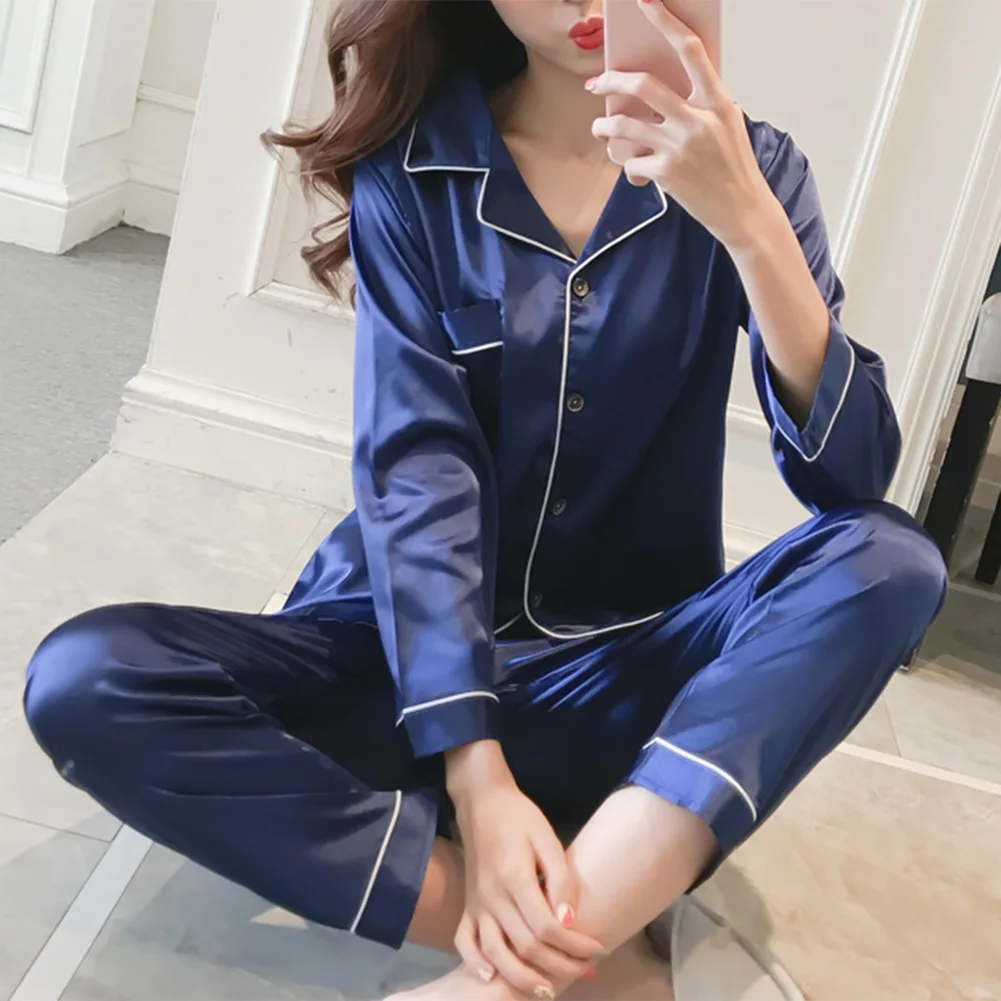 

Women Long Sleeve Pajama Set Comfortable Lapel Top And Pants Solid Nightwear Summer Casual Loungewear Female Home Sleep Wear