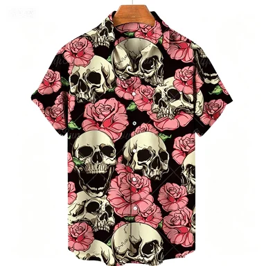 Brown Toned Skull Flower Printed Short Sleeved Shirt Japanese Style Dark Harbor Style Cardigan