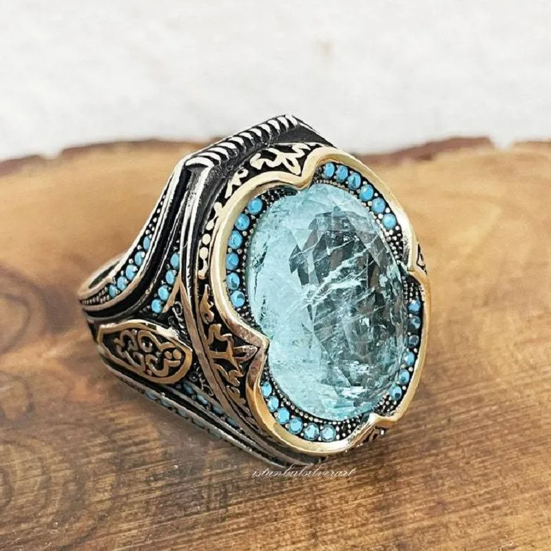 Vintage Pattern Carving Retro Oversized Sky Blue Gemstone Ring for Men Cool Masculine Statement Indian Style Male Finger Band