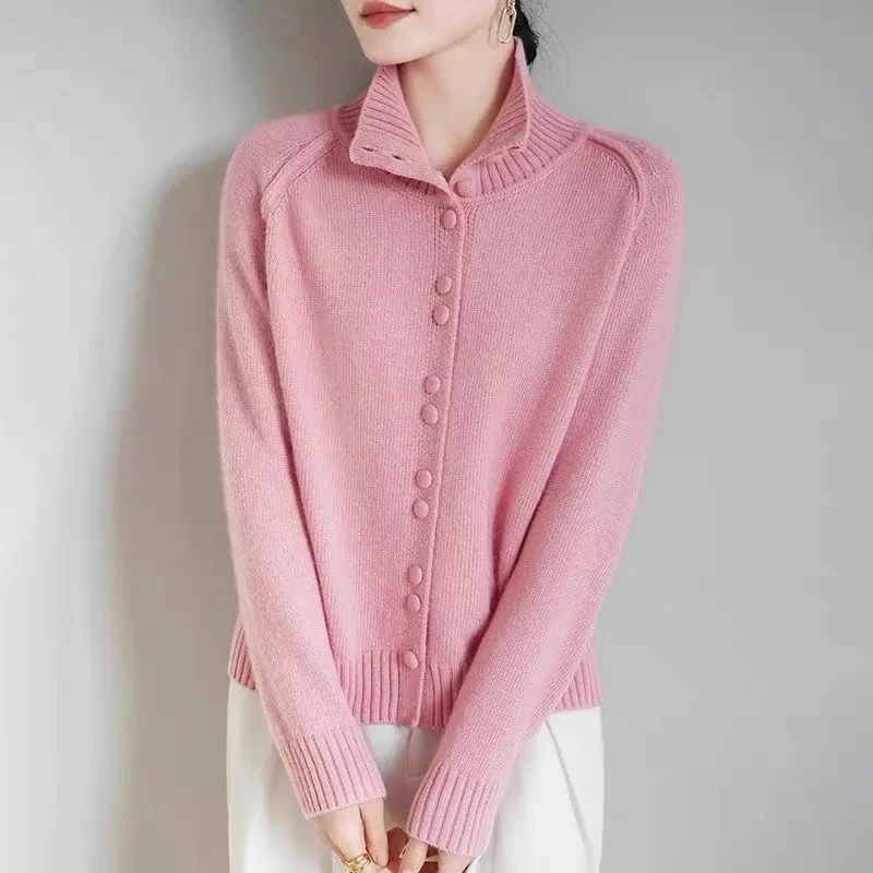 Autumnwinter Women High-necked Knitted Cardigan Sweater Coat Short Korean Long-sleeved Single-breasted Sweater Jacket Ladies Top