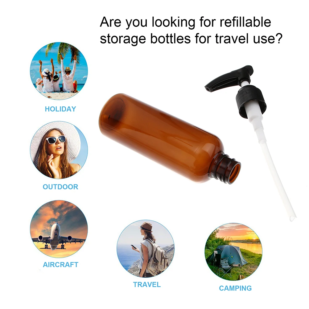 

5pcs 100ml Refillable Pump Bottles Brown Black Nozzle Non-leakage Shampoo Conditioner Body Wash Hand Soap Dispenser Travel Size