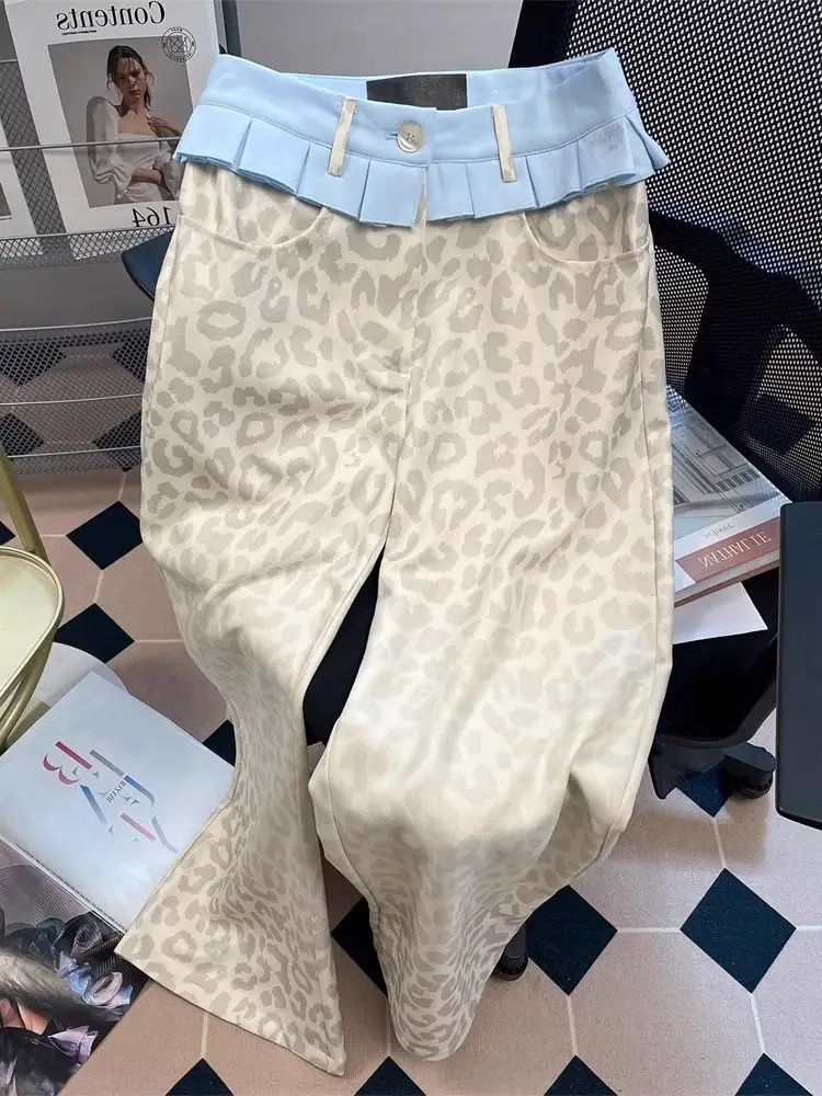 

American Retro Leopard Print Skirt Pants Summer Fake Two Piece Denim Pants for Women Y2k Loose Straight Wide Leg Pants