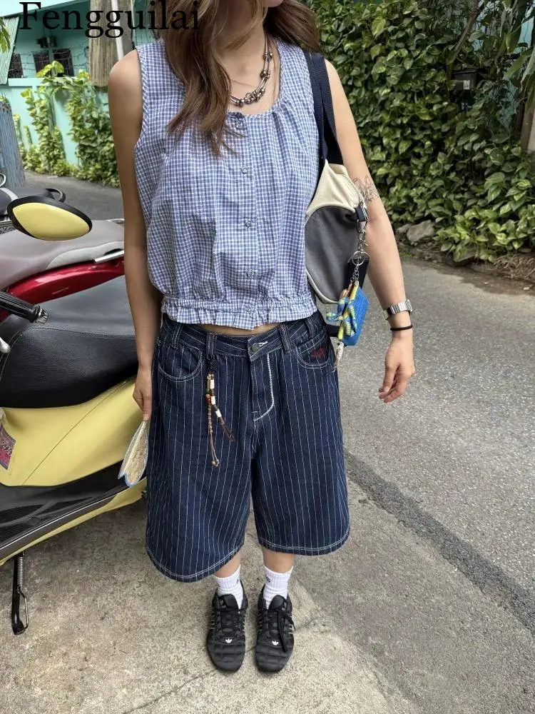 Harajuku Y2k Women's Light Blue Calf Length Cargo Jeans Baggy Denim Trousers Japanese 2000s Oversize Jean Pants Vintage Clothes