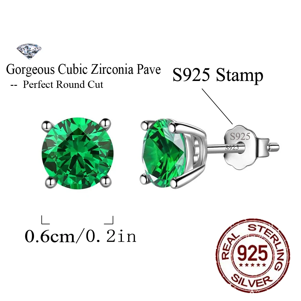 CWWZircons Dainty 925 Sterling Silver Emerald Green Cubic Zircon Gem Stones Stud Earrings for Women Party Jewelry Gift SE049