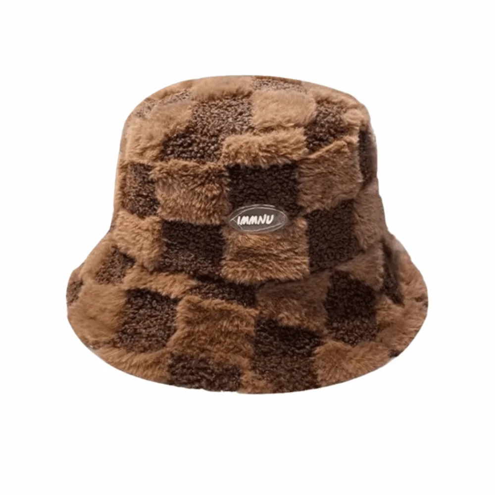 Casual Plaid Checkered Women Bucket Hat Faux Fur Adjustable Winter Fisherman Hat Thicken Warm Checkered Basin Hat Travel