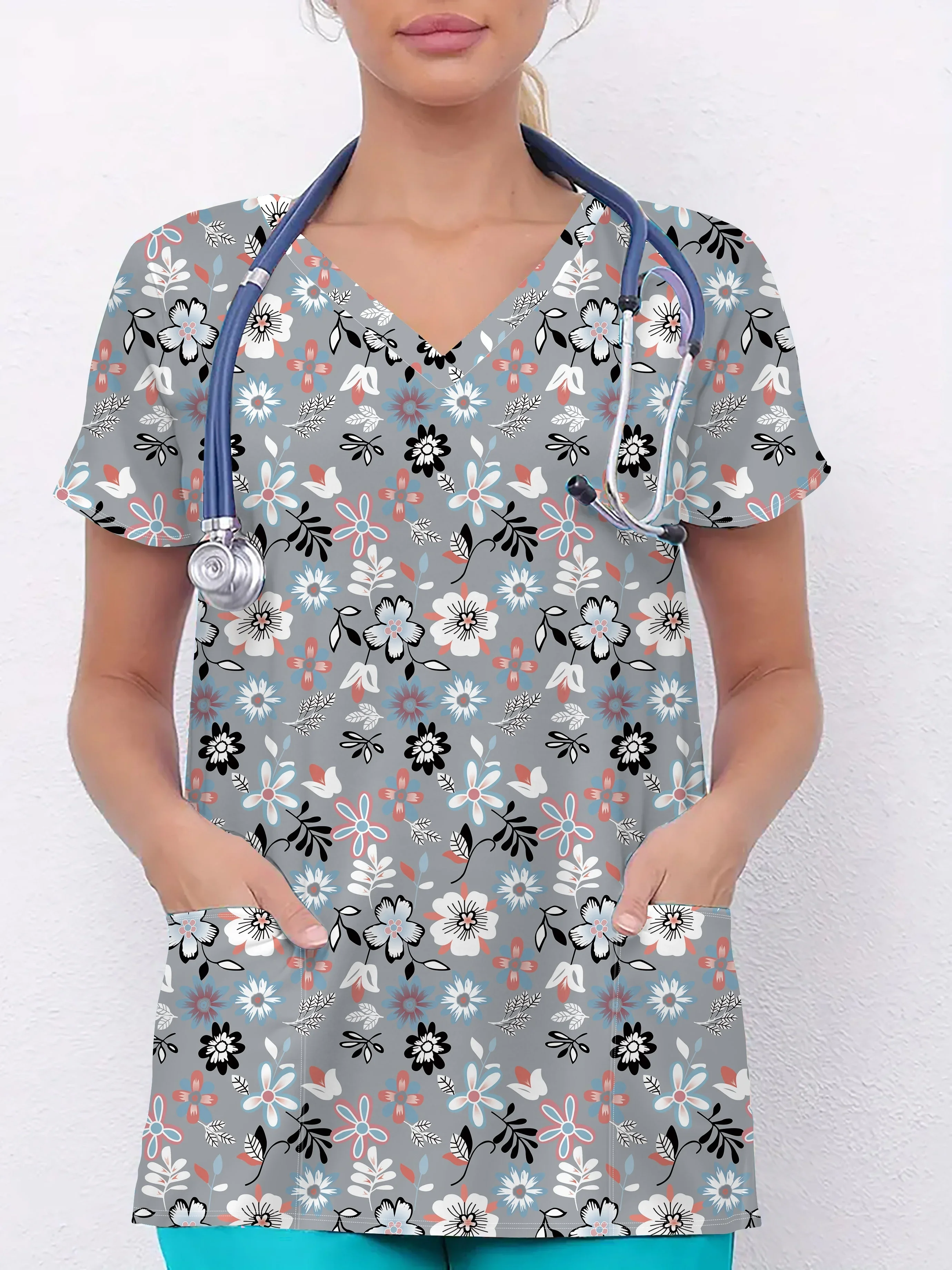 Floral Print V-Neck Clinical Uniform Top for Women Stretchy Sanitary Dental Short Sleeve Medico Nurse Uniform Wholesale
