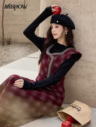 MISHOW French Red Plaid Dress For Women 2024 Autunmn Winter New Korean Vintage Sweet Slim Single Breasted Vest Dress MXD34L2065