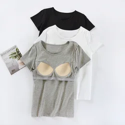 Women's T-Shirts with Padded Wireless Short Sleeve Casual Slim Stylish Round Neck Cotton Undershirts Female Tops C5618