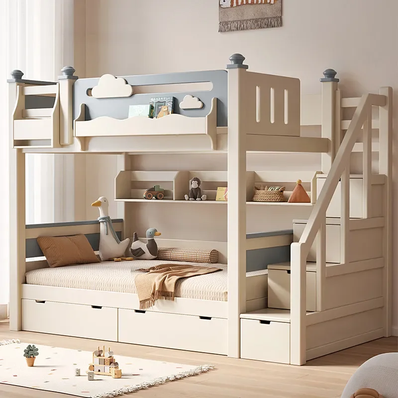 Solid Wood Bunk Bed Same Width Upper and Lower Beds High Low Bed for Boys Girls Two Layer Childrens Bed