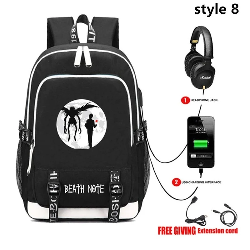 Anime Death Note L USB Charge Headphone Jack Laptop Bags Teens School book bag Multifunction Travel Bags Backpack