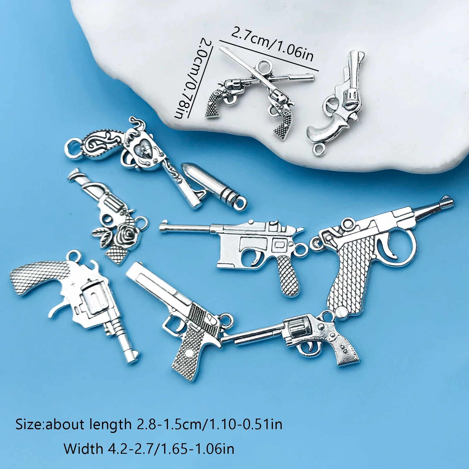 10Pcs/pack Alloy Antique Silvery Unique Gun-Shaped Charms Design Metal Pendants for Jewelry Making Findings Crafting Accessory