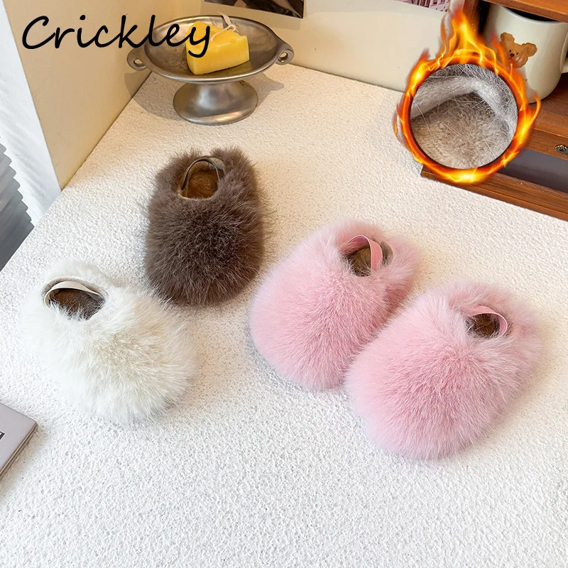 

Faux Fur Solid Girls Fashion Flats Shoes Winter Plush Warm Kids Princess Slides Elastic Band Anti Slip Children Slippers