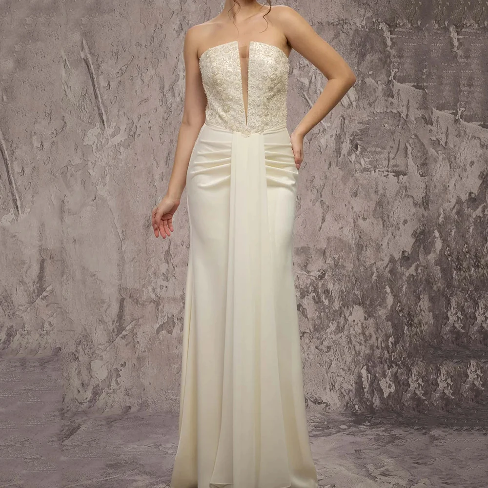 

Women's A-line Evening Dresses Floor-length Strapless Sleeveless Prom Gown Fashion Beading Pleat Simple Draped Customized Gowns