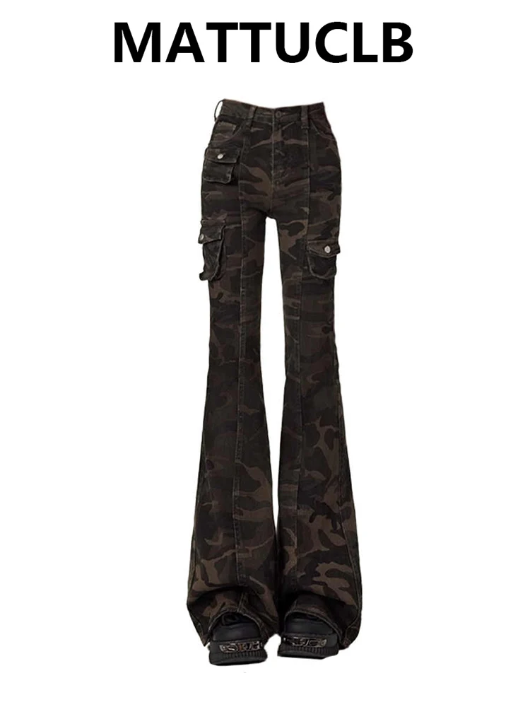 

Осень-зима 202, женские джинсовые брюки с высокой талией, камуфляжные джинсы, корейские джинсы-клеш, японские эластичные джинсы Y2k 2000-х годов, сложенные джинсы