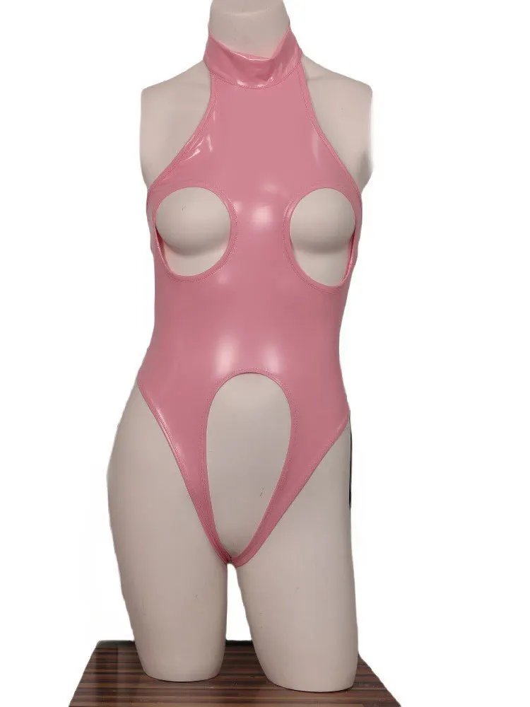 

Sexy Women Faux Latex PU Leather Bodysuit Tops Halter Neck Hollow Out Breast Teddies Double Thong Open Crotch Tights One Pieces
