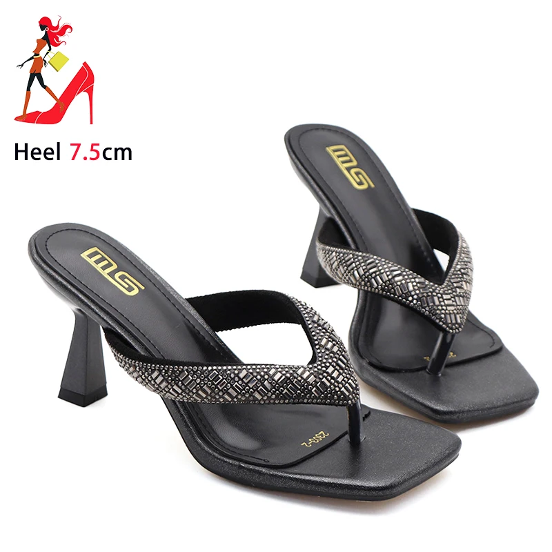 

Black Square Toe Women Slippers 2025 New Summer Fashion Clip Toe Sandals With Rhinestone 7.5CM High Heels Flipflops Lady Shoes