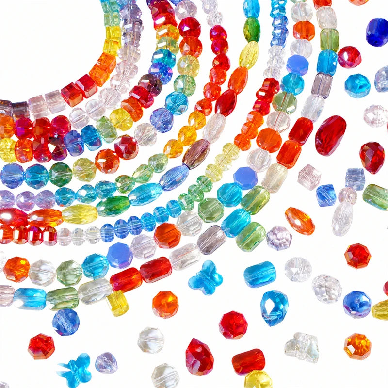 Mixed Color Glass Crystal Faceted Round Square Butterfly Bicone Loose Beads For Jewelry Making DIY Bracelet Keychain Accessories