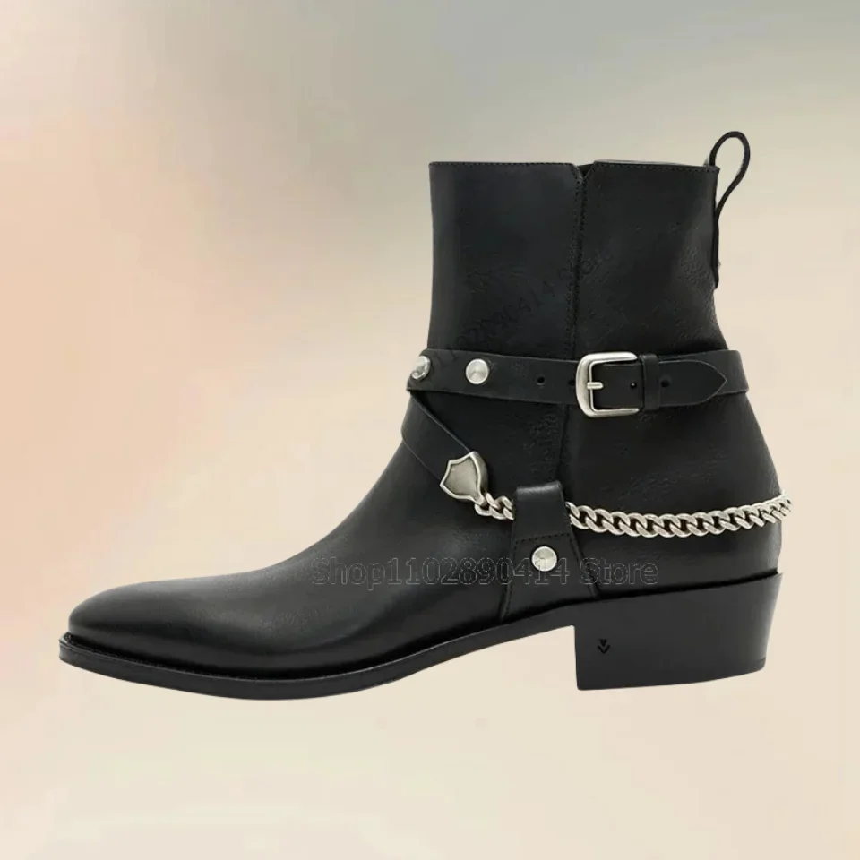 

Black Metal Chain Belt Fastener Decor Mid Calf Boots Fashion Side Zipper Men Boots Luxury Handmade Party Office Men Dress Shoes