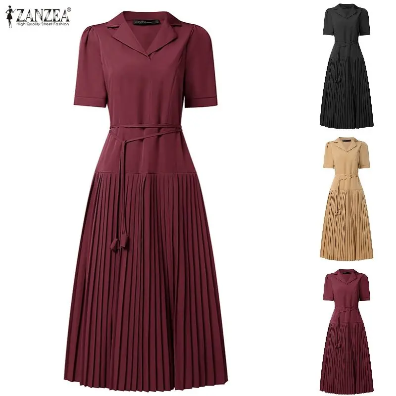 ZANZEA Elegantes Büro-Damenkleid Sommerkleid 2026 mit Reverskragen Kurzarm Plissiertes Kleid Stilvolles A-Linien OL Arbeitskleid