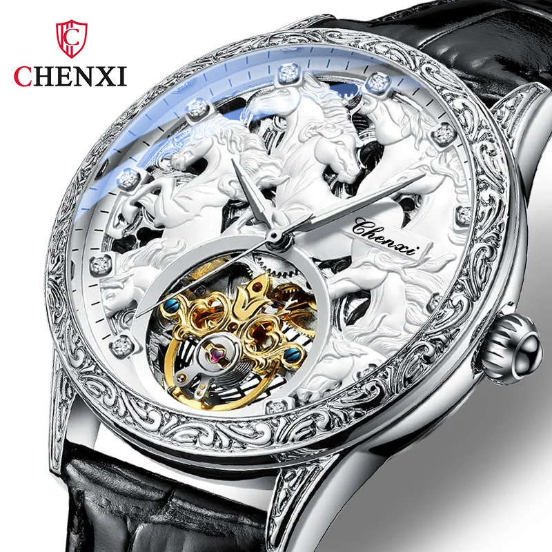 CHENXI 6029M Men\'s Mechanical Watch Black Leather Fully Automatic Hollow Horse Luminous Waterproof Flywheel Male Wrist Watches