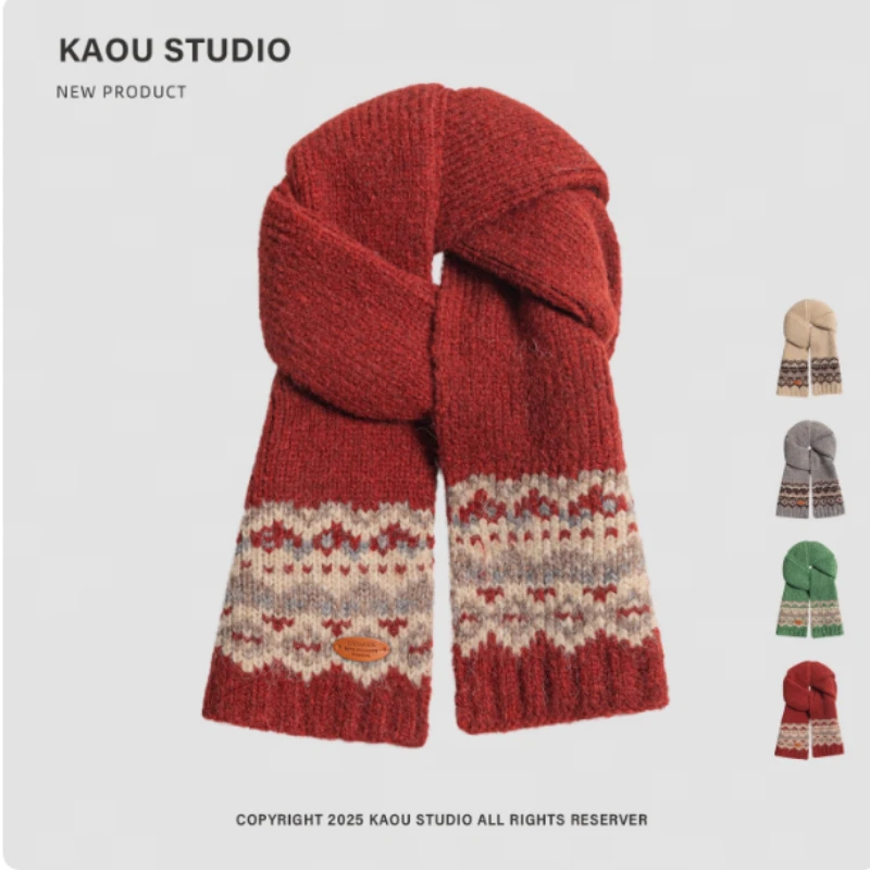 Koreańskie retro szaliki dziergane żakardowo w stylu literackim, damskie zimowe grube i ciepłe szaliki na szyję, na zewnątrz.