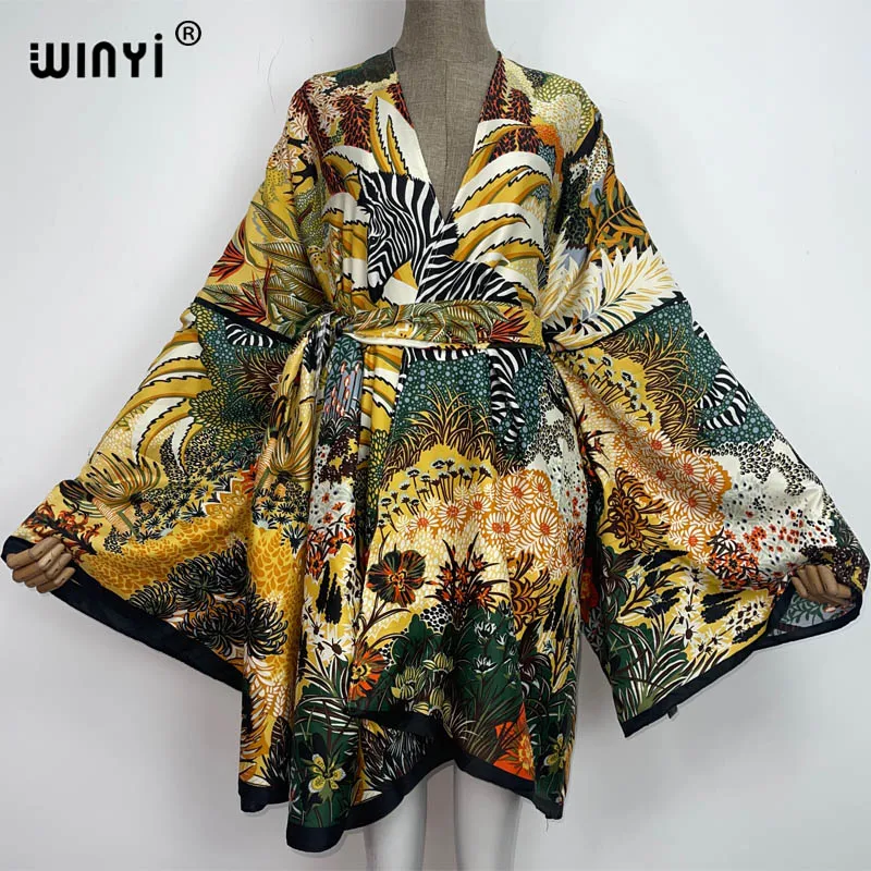 WINYI Summer Beach Wear Swim Suit Cover up kaftan sweet lady boho Cardigan stitch Self Belted sexy Holiday long Sleeve Kimono