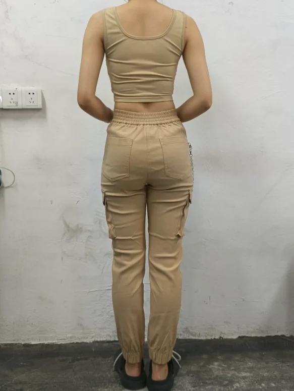 Cuffed Cargo Pants for Women Chain Decor Multi Pocket Design Women\'s Pants Trouser Casual Bottom Woman Casual Slim Trousers