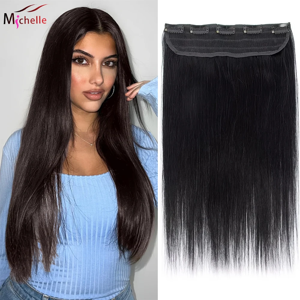 One Piece Hair Extensions Clip Ins Human Hair Straight 100% Real Human Hair 3/4 Full Head with 5 Clips Hair Extensions Clip Ins