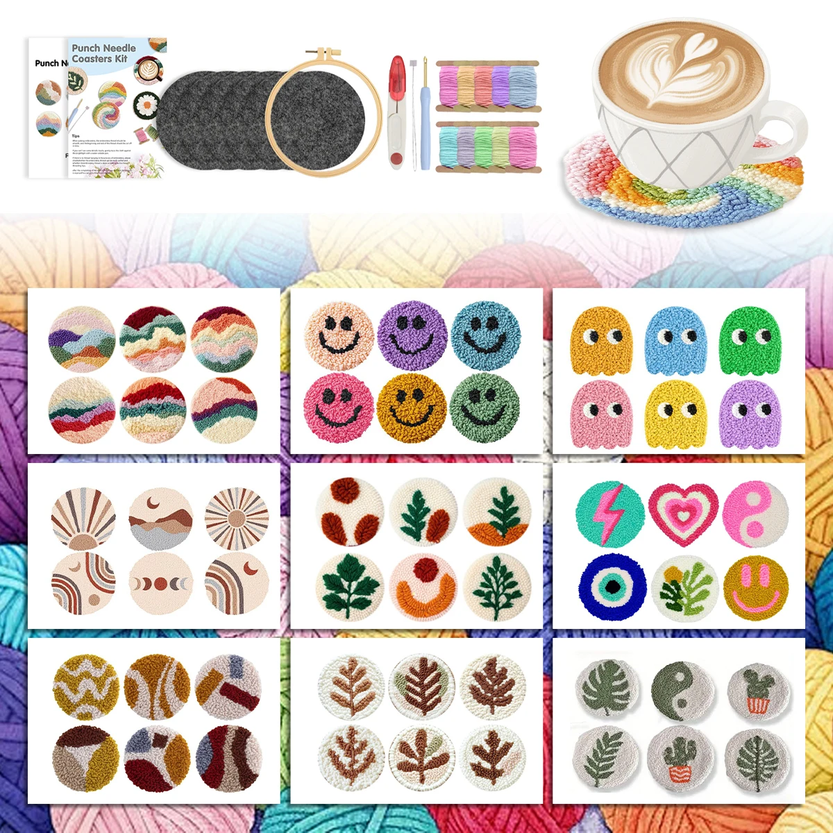 

GATYZTORY Coasters Set Punch Needle Diy Yarn Embroidered Fabric Cross Stitch Embroidery Kit 6pcs Sewing Needle Arts Craft Mats