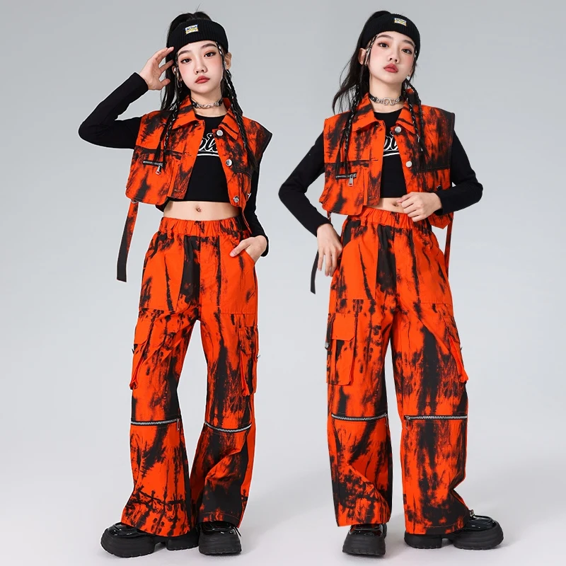 Costumes de danse jazz moderne pour filles, pantalons glacés orange, streetwear imbibé, vêtements de performance hip hop pour enfants, DQS17989, nouveau, 2024