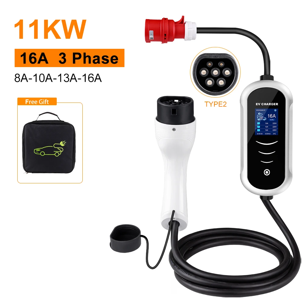 IPENGEN Type 2 Portable EV Charger 7KW 32A 11KW 16A Wallbox EVSE Fast Charging Cable CEE Plug for Electric Vehicle Cars