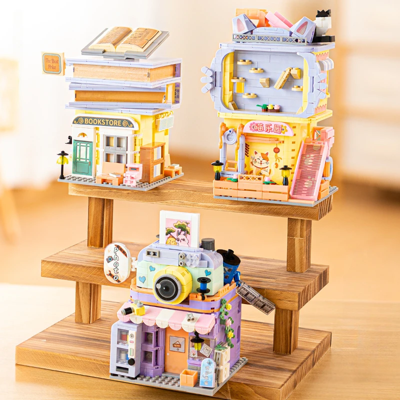 Modern Street Scene Building Block Series Small Particle Bookstore Photo Studio Cafe Model Toy Assembly Ornaments Toy Gift