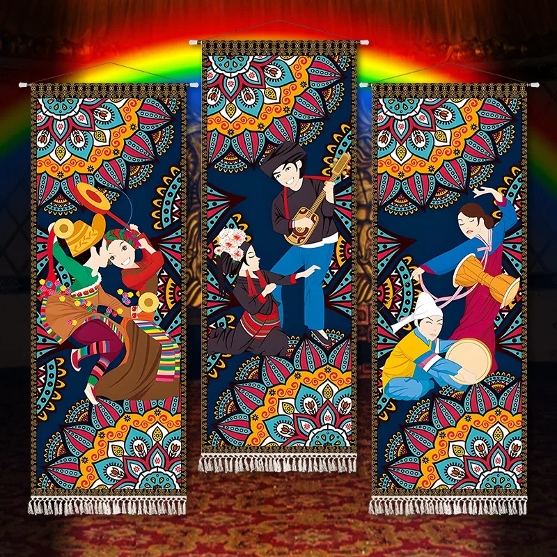 56 Ethnic Groups Block‑Print Tapestry Fabric Wall Hanging Cloth Decorative Painting for Hotel Restaurant Background Wall Decor