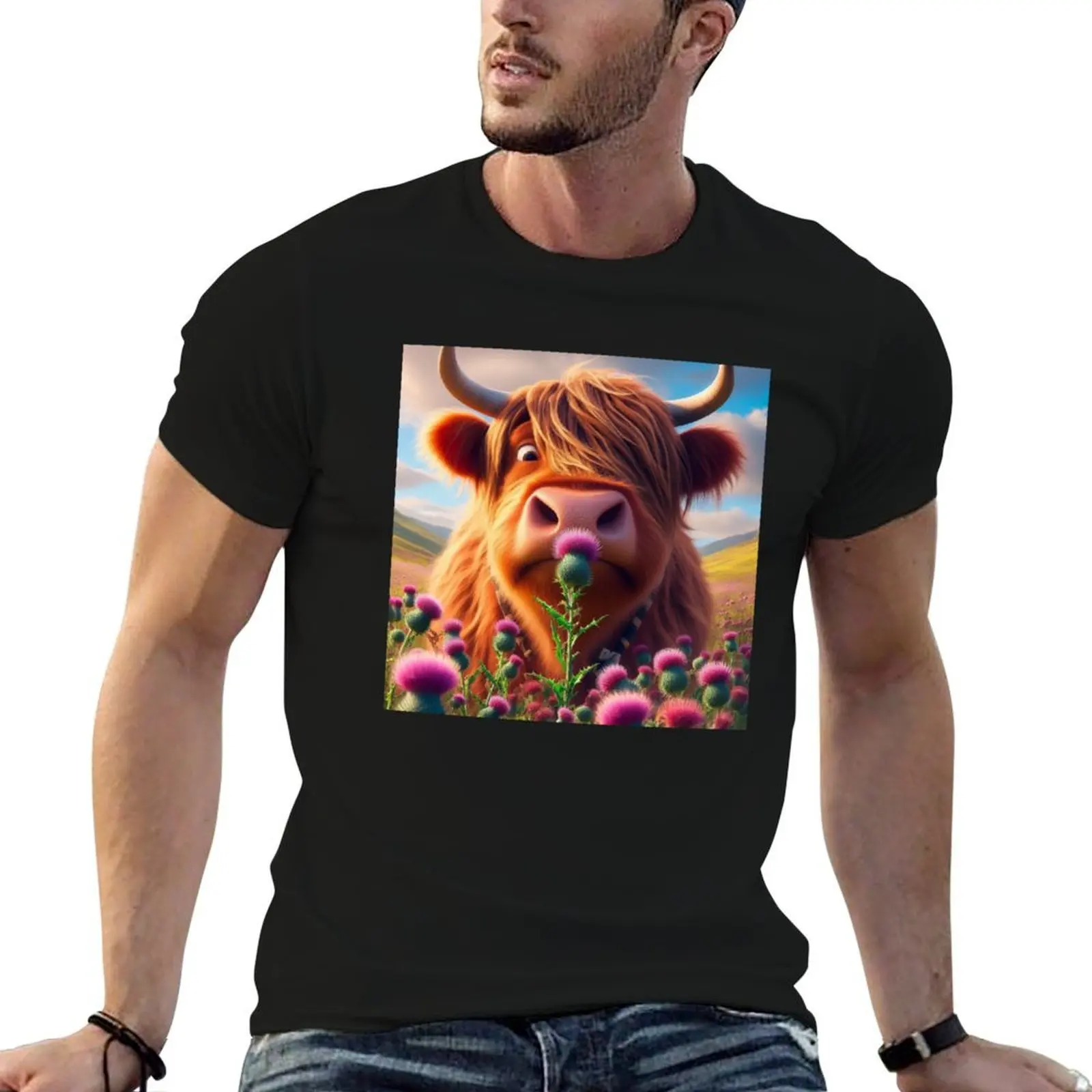 

Highland cow and scottish thistle T-Shirt man t shirts for men men t shirt cotton 100% t shirt man cotton T-shirt