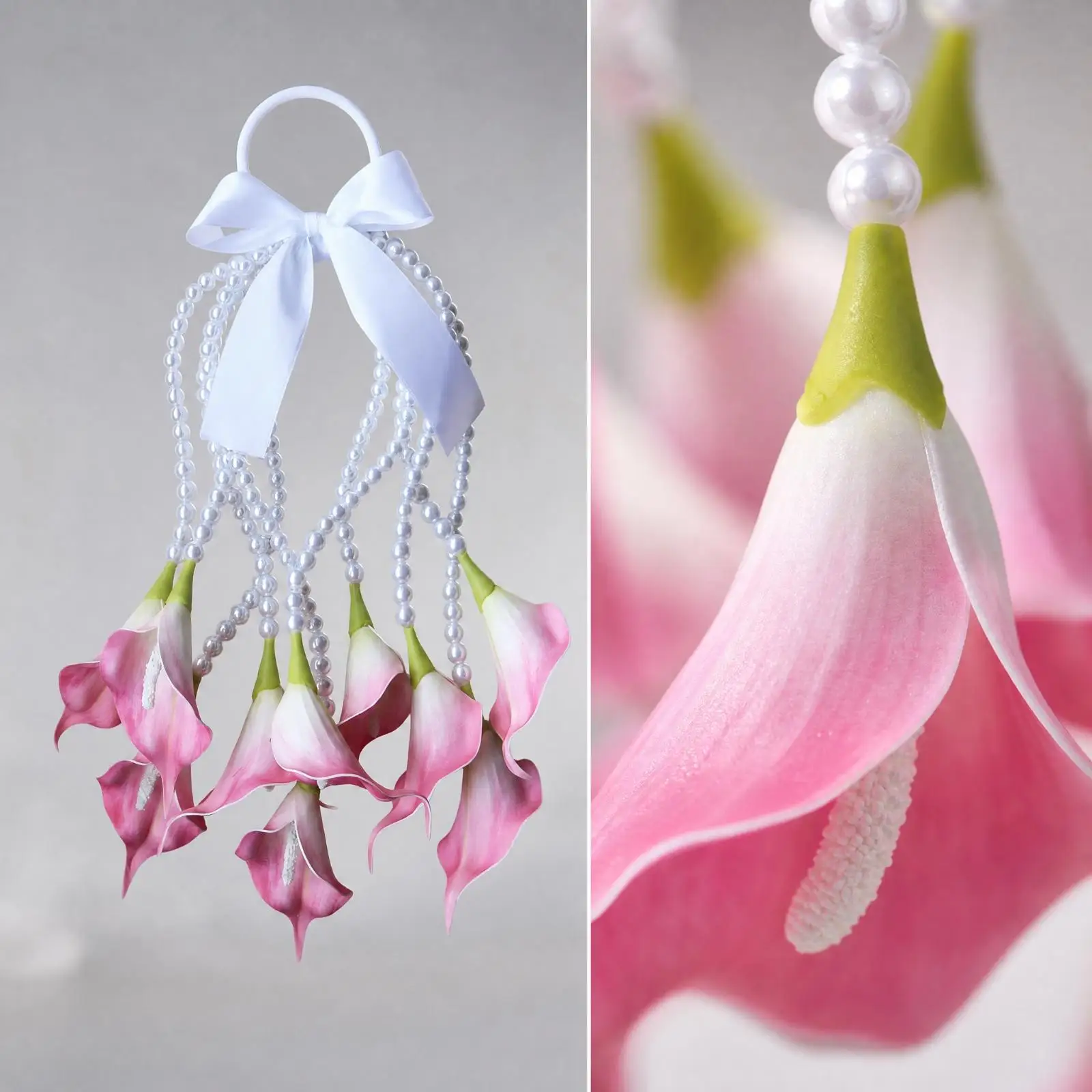 Artificial Calla Flower Handheld Bouquet for Wedding Ceremony with Loop Handle and Pearl Accents