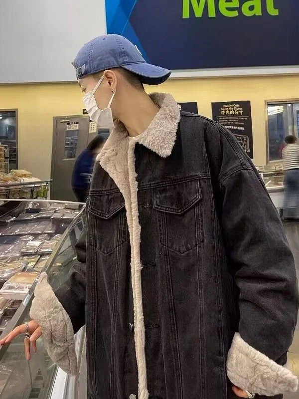 

Men's Denim Jaet Winter New Thiened Lamb Velvet American Sle Loose Cotton Coat Cotton Clothes for Teenagers And Youth