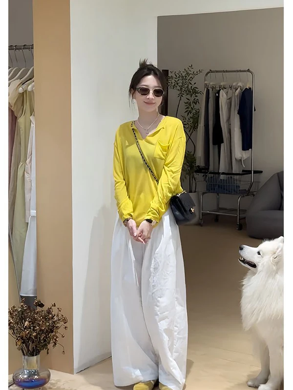 

plus Size 300 Pou Yellow V-Ne Long Sve Sun Protection Cover up T-irt Women's Summer Wide Leg Pants Two-Piece Set