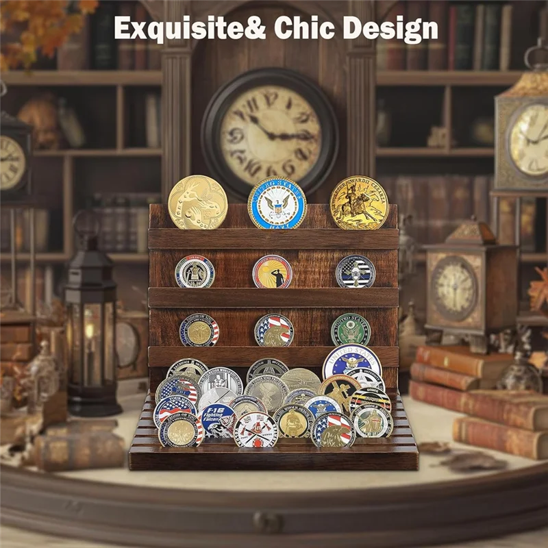 SHGO-حامل عرض العملات المعدنية الخشبية الصلبة، رف لـ 60 عملةًا، حامل عملات التحدي، حافظة #6