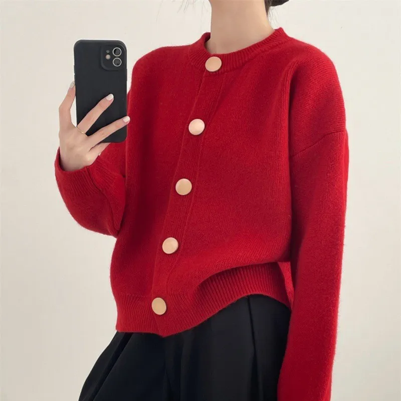 

Women's Knitted Cardigan Soft Fabric Button Design Solid Color Temperament Texture Spring autumn Loose Versatile Sweater Cardiga